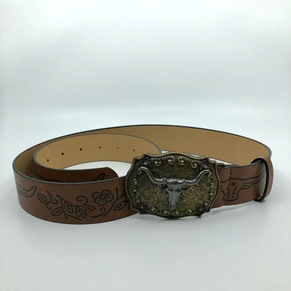 Women's Western Brown Belt w/ Big Longhorn Buckle, 31.5–40.5 Inches, X7G9A796